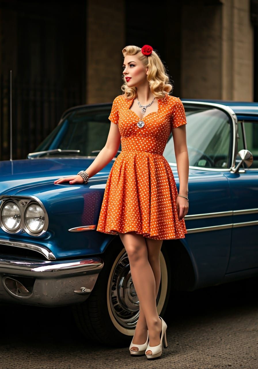 1950s Pin-Up Bombshell with Classic Car