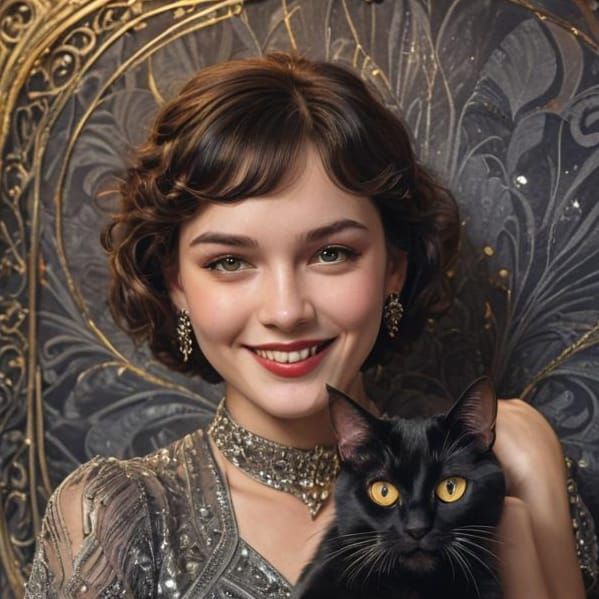 Art Deco Woman with Black Cat, Light Tracing