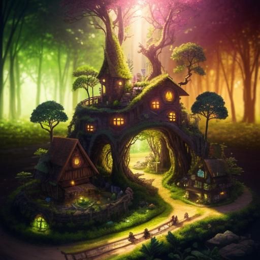 Enchanted Forest Urban Sketch with Fairy Village