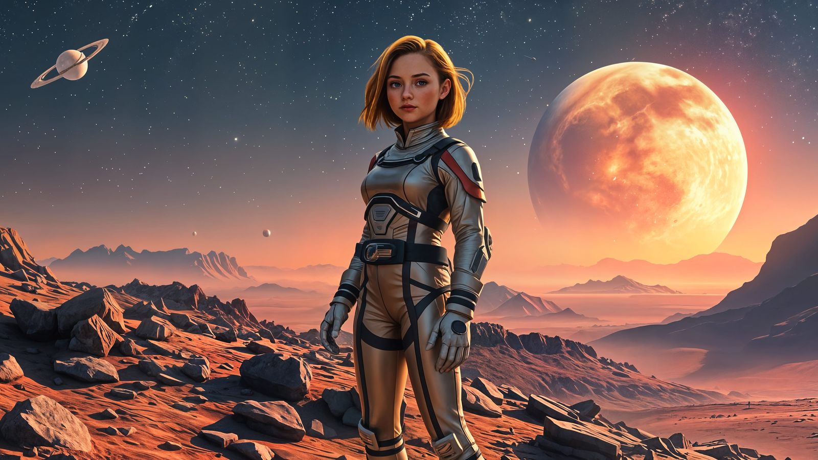 Futuristic Girl on Desolate Planet with Spaceship