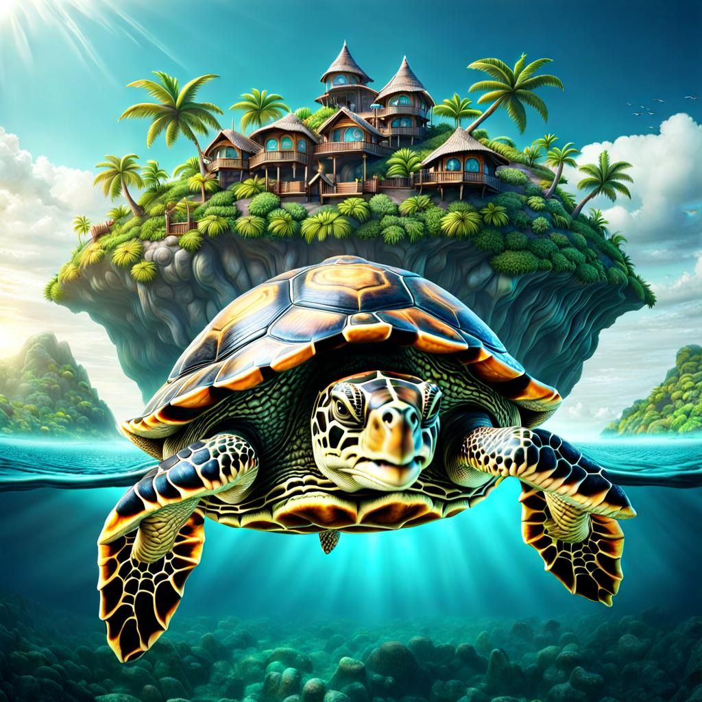 Giant Turtle Island: A Surreal Floating Paradise