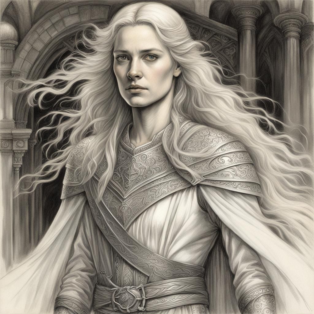 Eowyn in White Dress, John Howe Style Charcoal