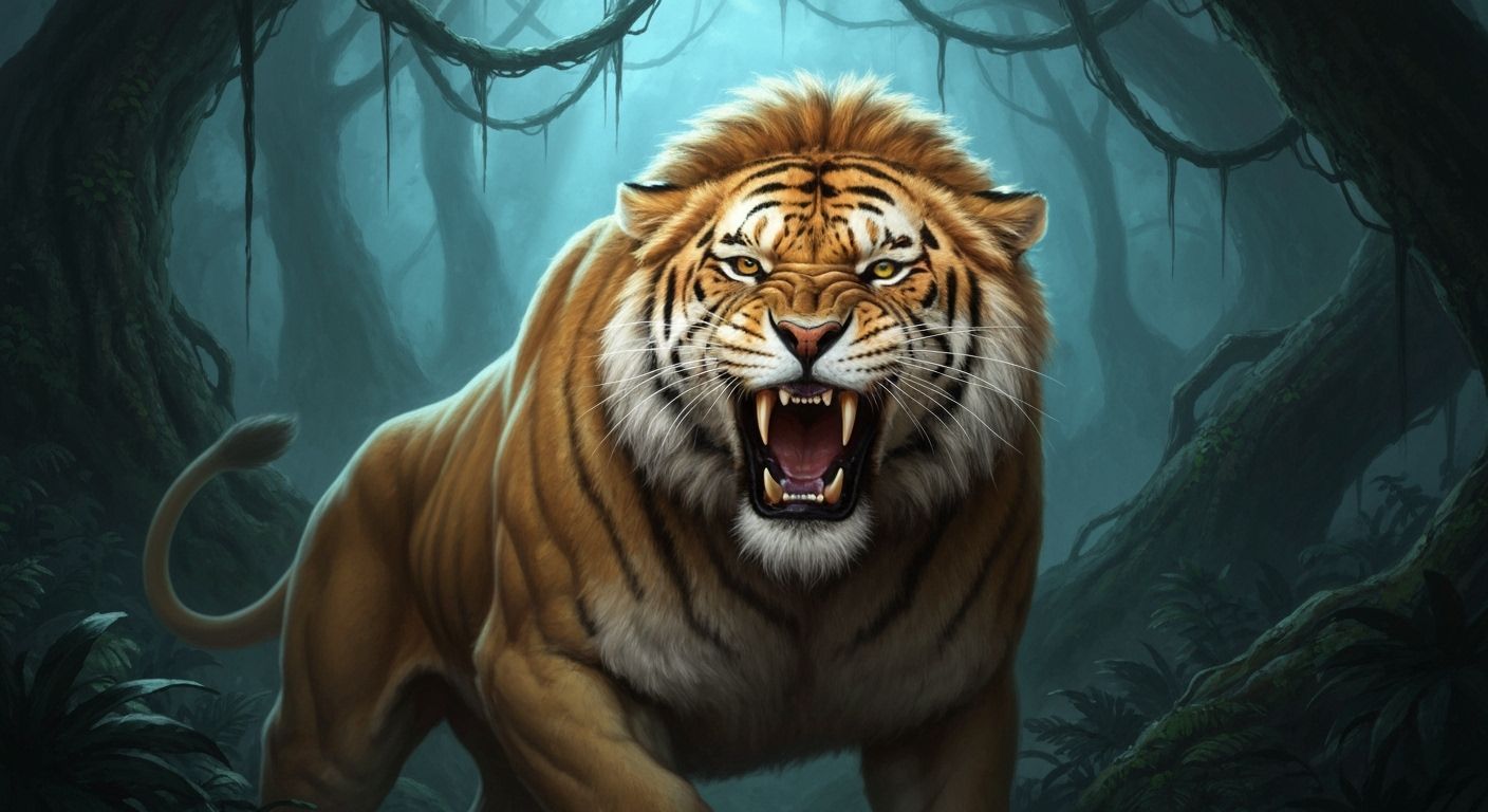 Enraged Liger Roaring in Stormy Jungle