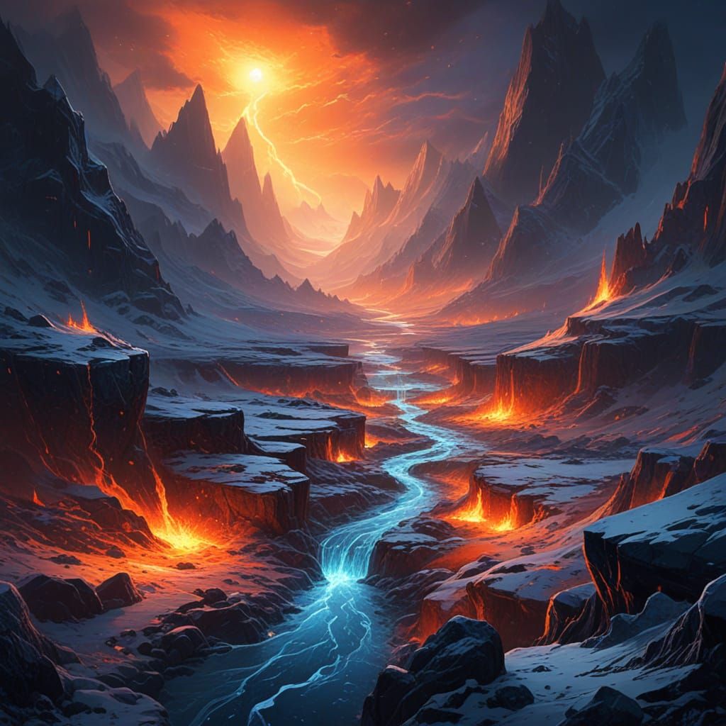 Frost and Fire Landscape: Icy Tundra Meets Fiery Fissures