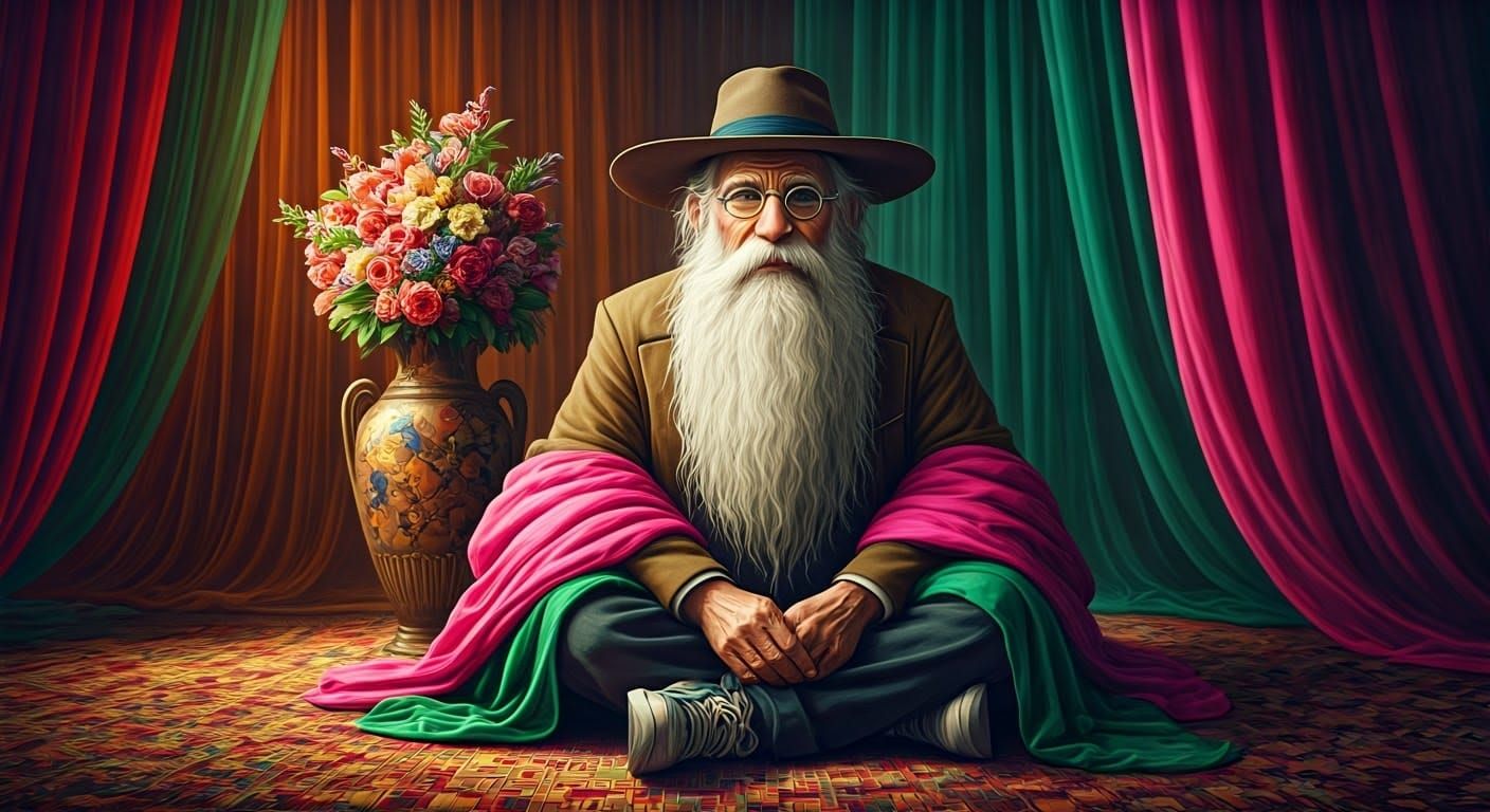 Elderly Man with Flowing Beard in Greg Simkins Style