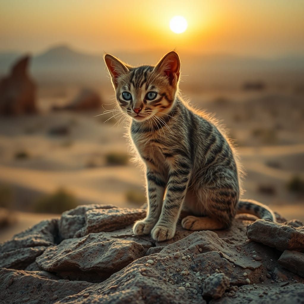 Grumpy Kitten at Desert Sunset in Hyperrealistic Style