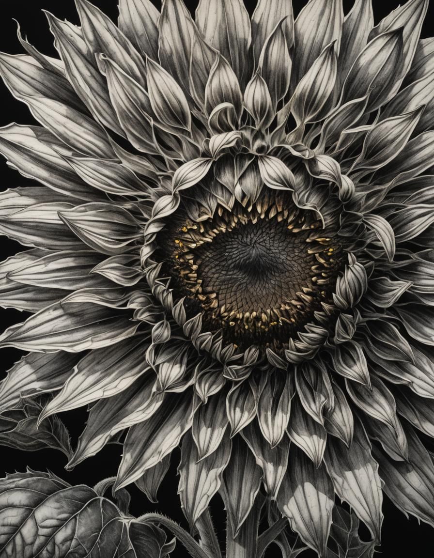 Greyscale sunflower with stem tattoo art hyperdetailed charc...