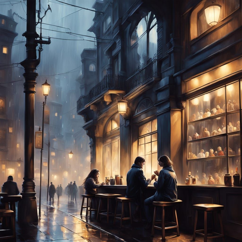 Cinematic Coffee Bar Scene in Hyper-Realistic Oil Painting S...