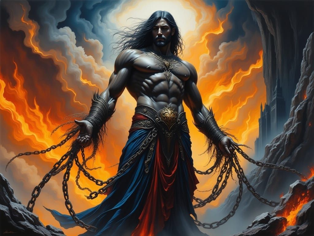 Prometheus Chained Under Dramatic Sky, Deco Surreal Style