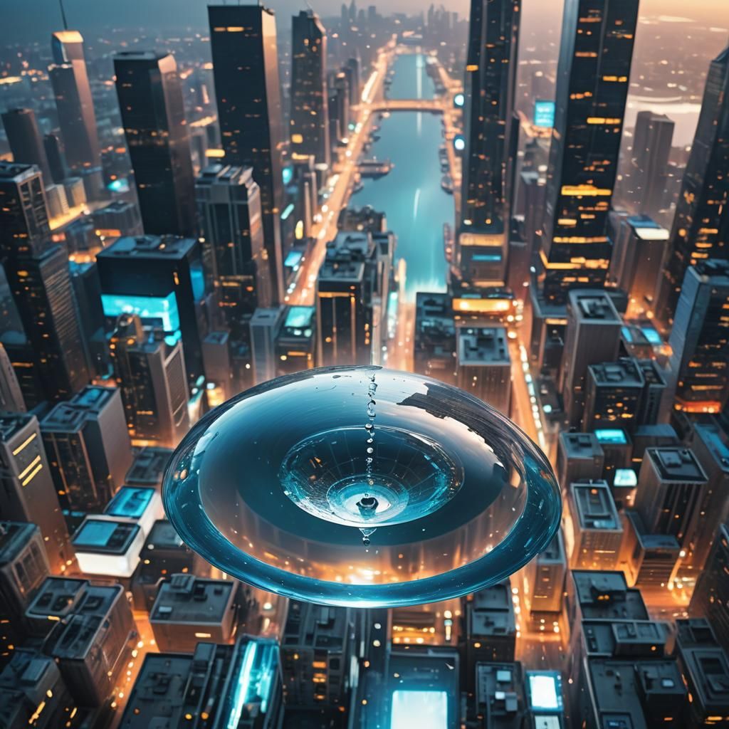 Futuristic City Reflected in Water Droplet