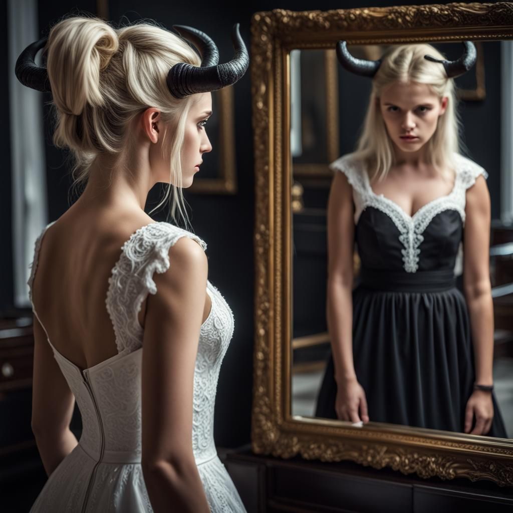 Hyperrealistic Reflection: Blonde and Dark-Haired Girls