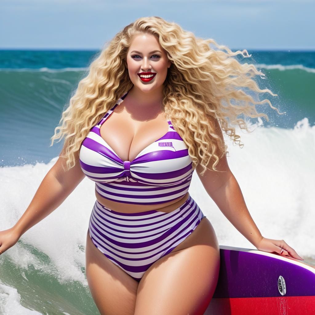 Curvy Woman Surfing a Big Wave at the Beach