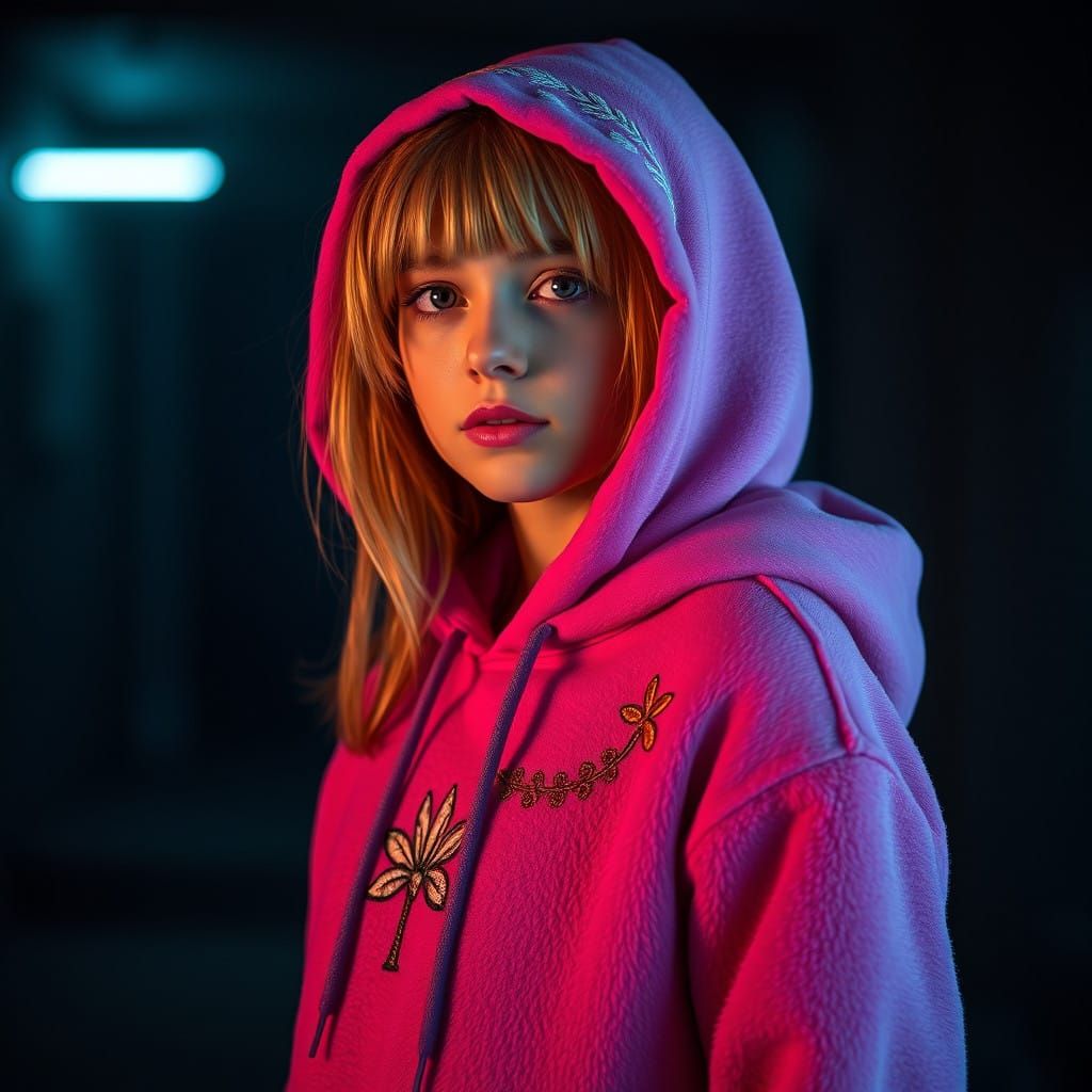 Hyperrealistic Portrait of Blonde Girl in Moody Pink Hoodie