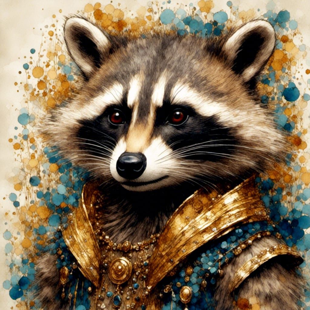 Raccoon Portrait in Klimt-Inspired Gouache Style