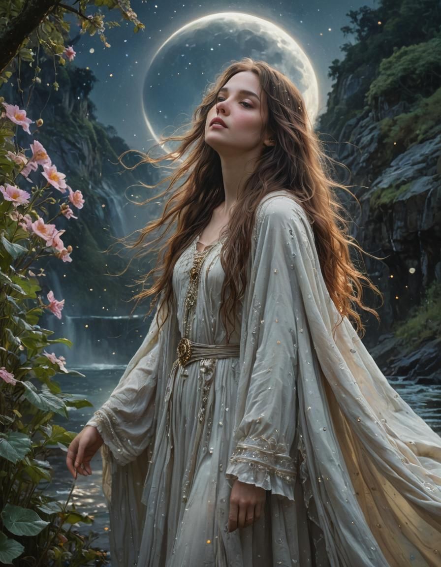 Romantic Woman in Surreal Oil Painting Landscape