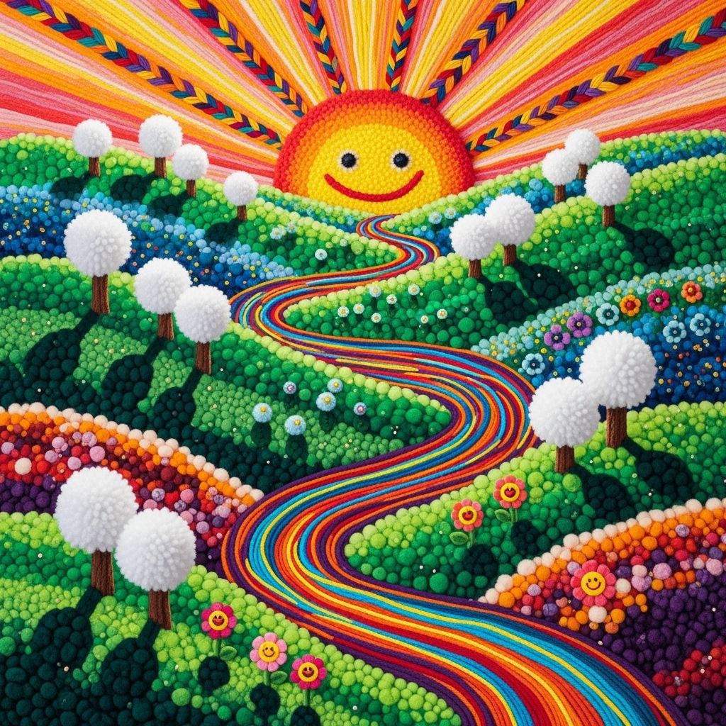 Whimsical Pom-Pom Landscape at Sunrise