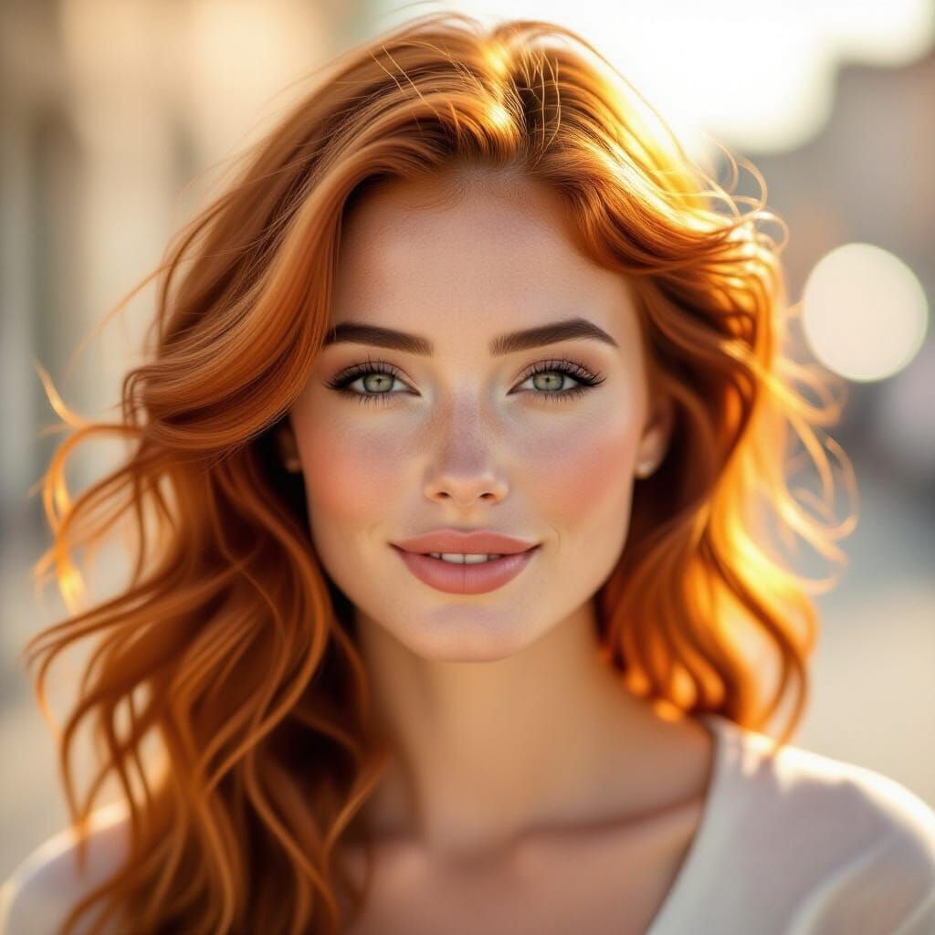 Cinematic Portrait of a Woman with Ginger Hair and Freckles
