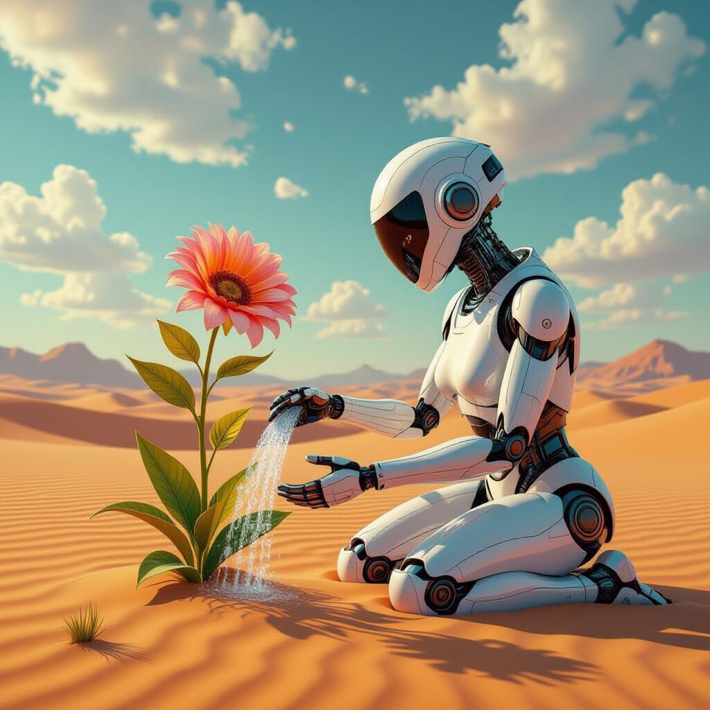 Surreal Robot Tends Desert Flower in Fractal Landscape