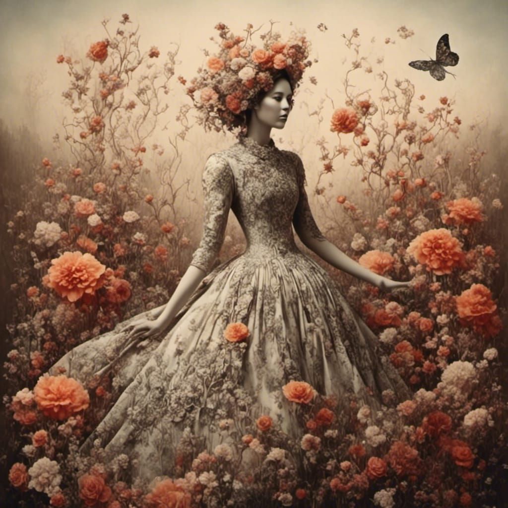 Surreal Double Exposure: Woman in Wooden Dress