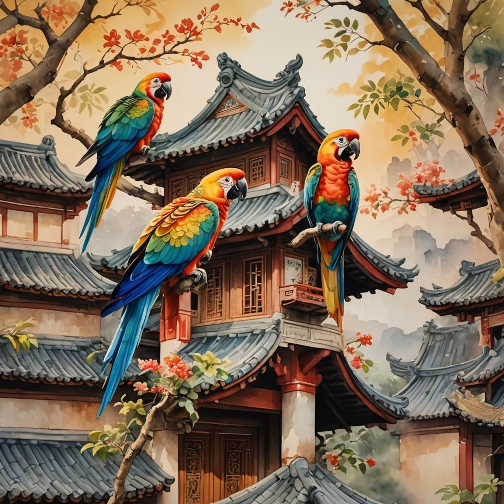 Parrots on a Chinese House Roof in Watercolor