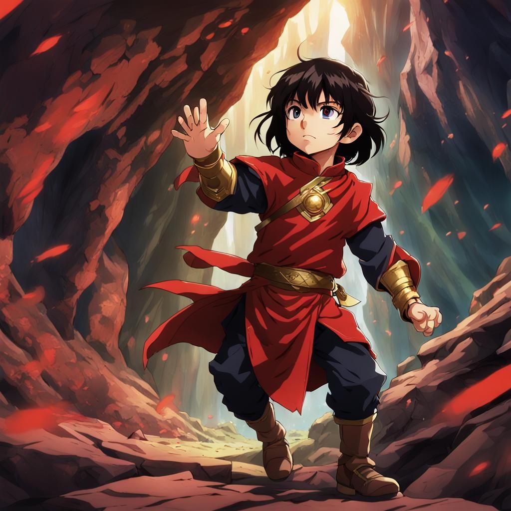 Anime Boy Hovering in Cave with Red Tunic