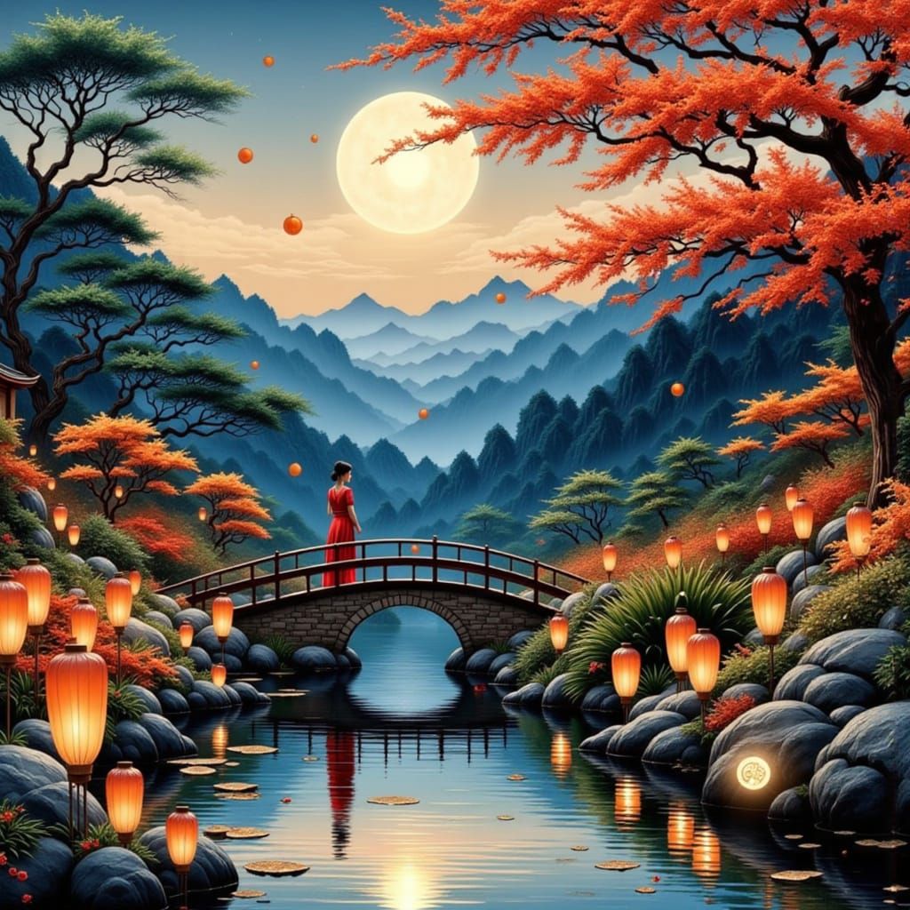 Serene Twilight Garden in Chinese Paper Cutting Style