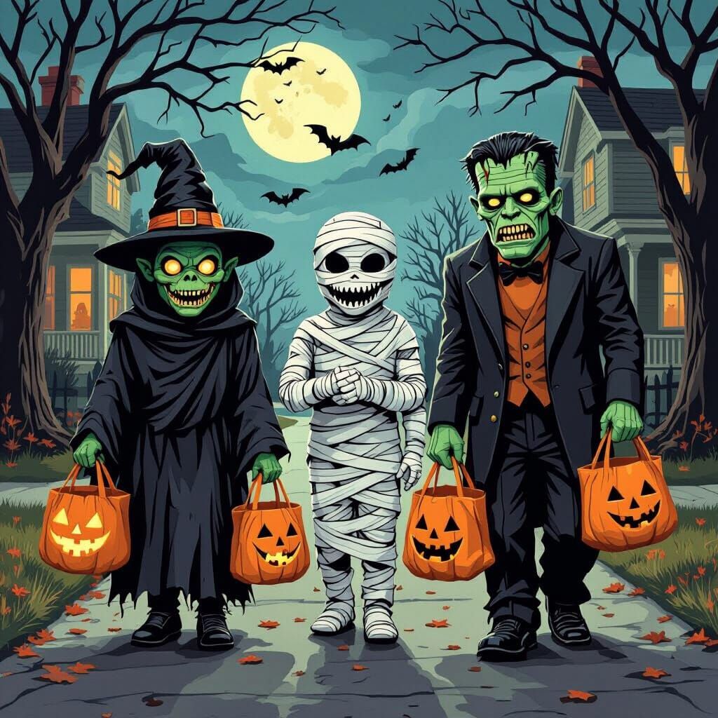 Monsters Trick-or-Treating in Surreal Realism Style