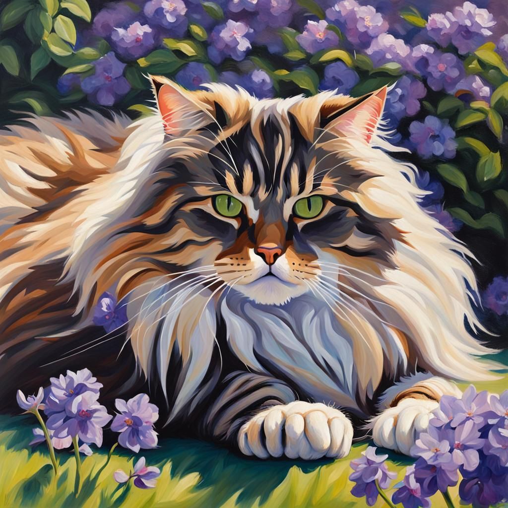 Longhaired Cat in Garden as Oil Painting