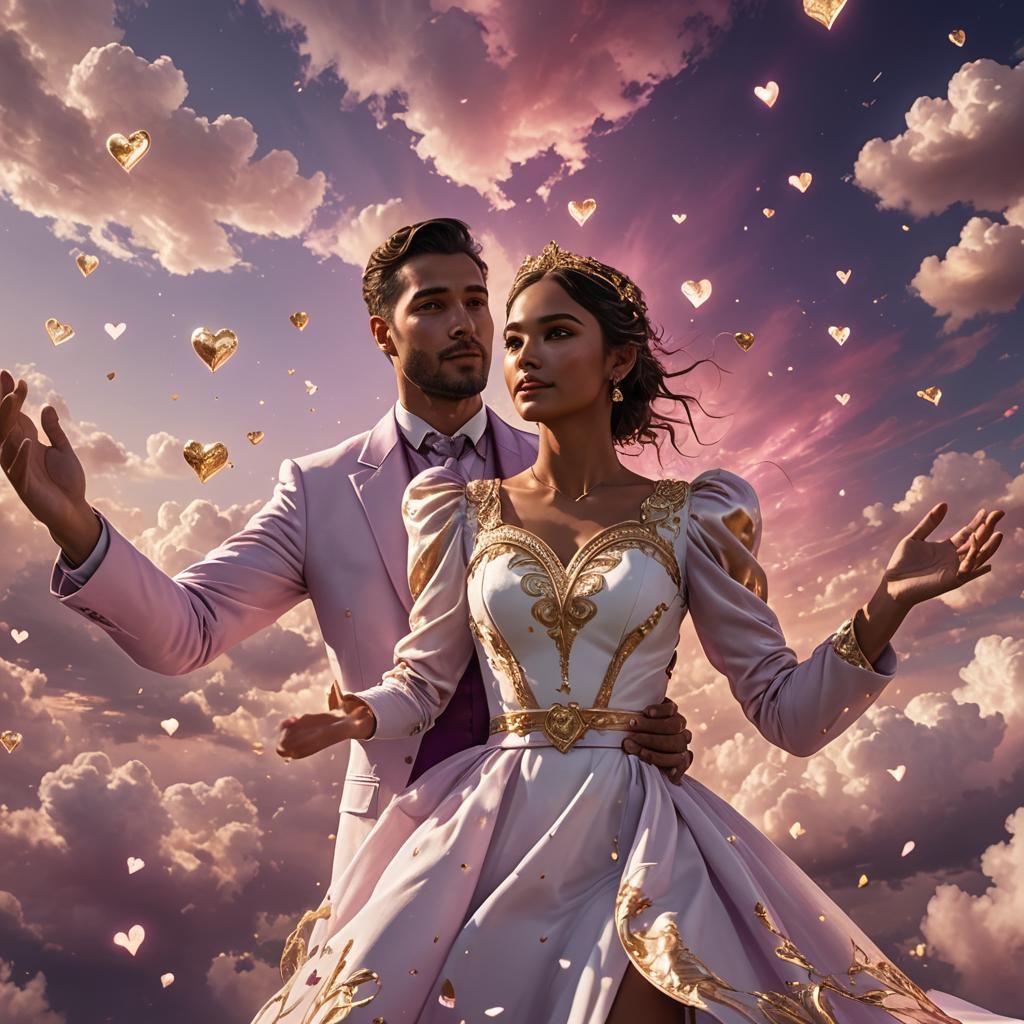 Couple Dancing in Sky with Golden Hearts