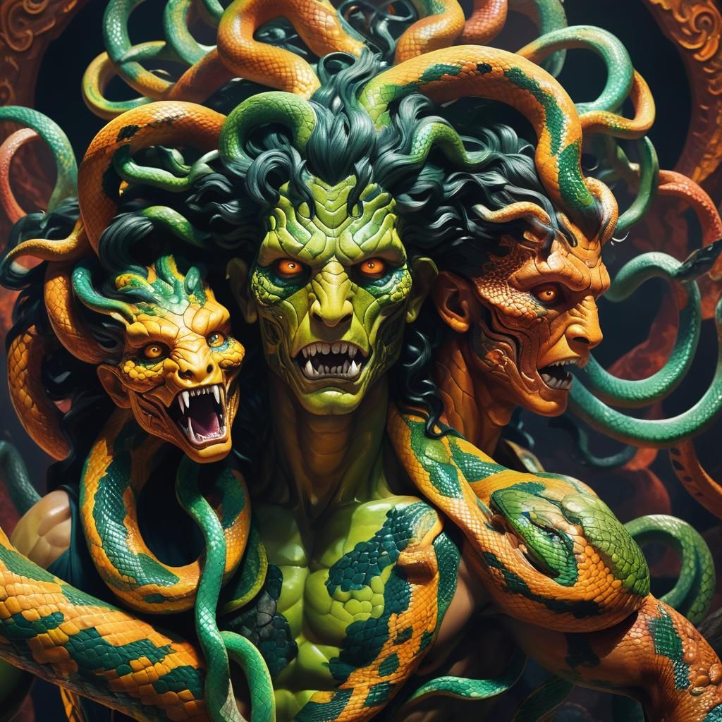 Two-Headed Gorgon in Vivid Splash Art Colors