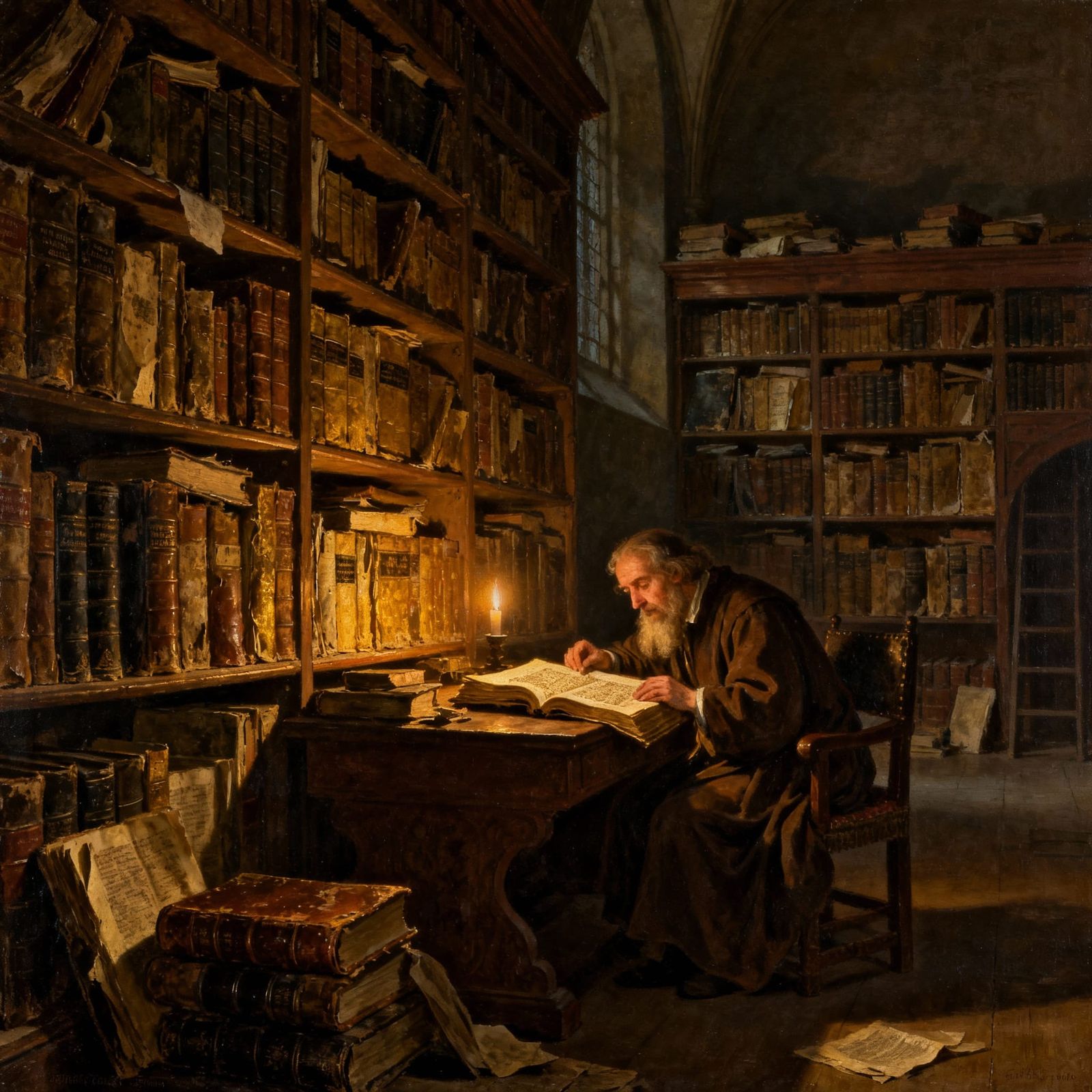 Scholar Studies Ancient Tome in Candlelit Library