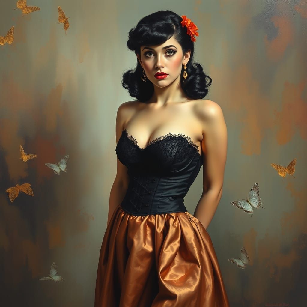 Raven-Haired Pin-Up in Art Nouveau Style