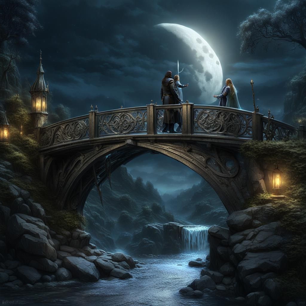 Moonlit Bridge: Dark Fantasy Elven Scene