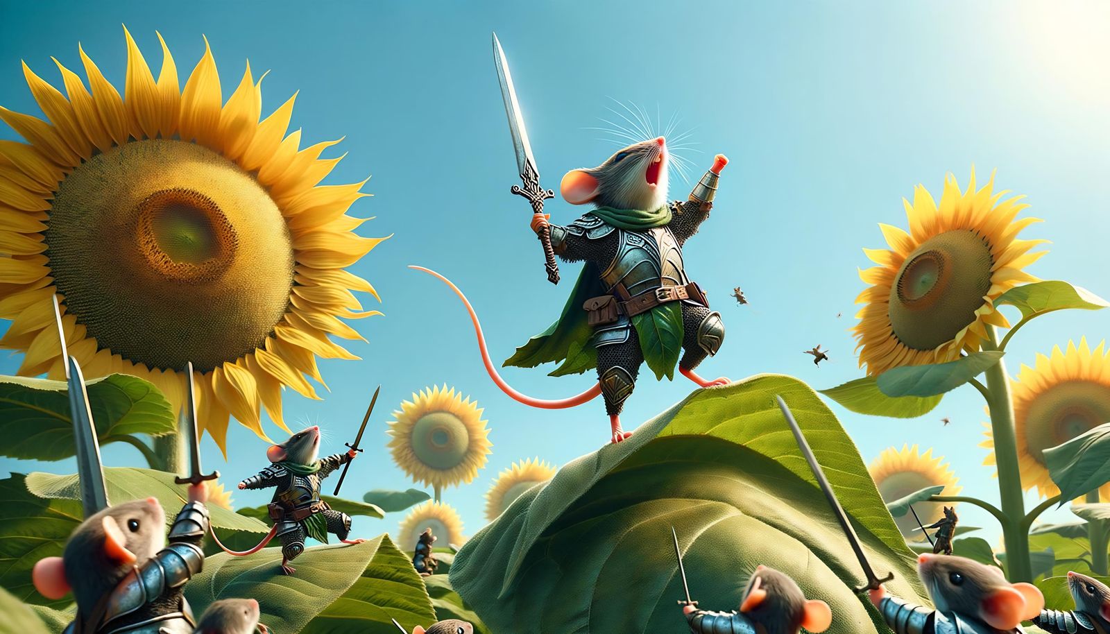Whimsical Mouse Soldiers Soaring on Sunflower Wings