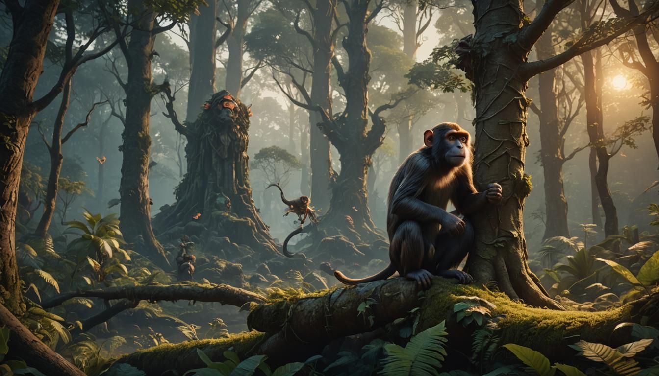Monkey in Woods at Dusk: Fantasy Concept Art