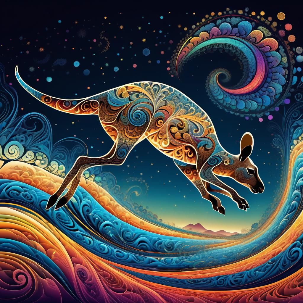 Kangaroo Leaping in Abstract Fractal Dreamscape