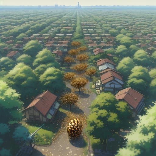 Surreal Anime Swarming Bees Engulf a Small Town in Vibrant C...