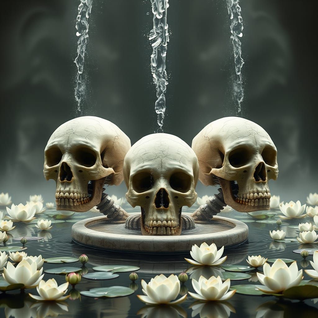 Skulls at Helix Fountain in Surreal Style