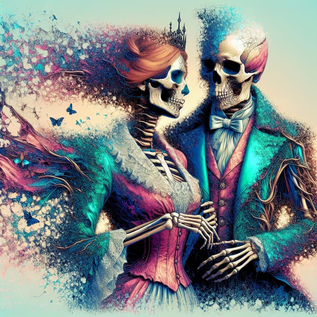 Victorian Skeleton Lovers Dissolving in Gothic Fantasy