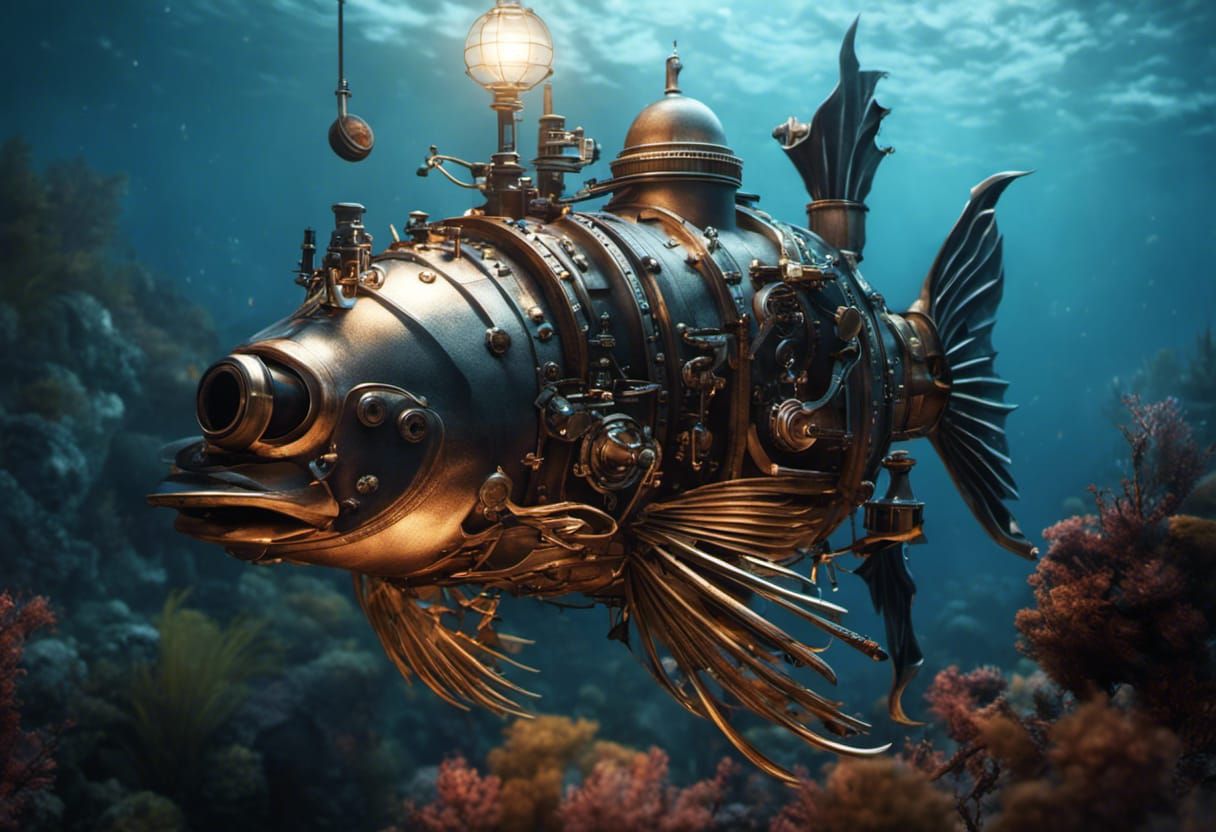 Steampunk Anglerfish in Coral Reef, Detailed Masterpiece