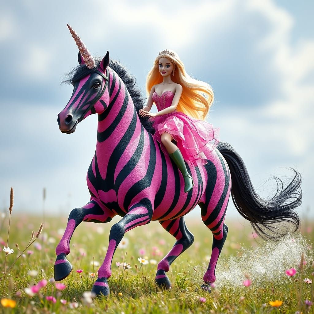 Barbie Rides a Whimsical Striped Unicorn in a Dreamlike Mead...