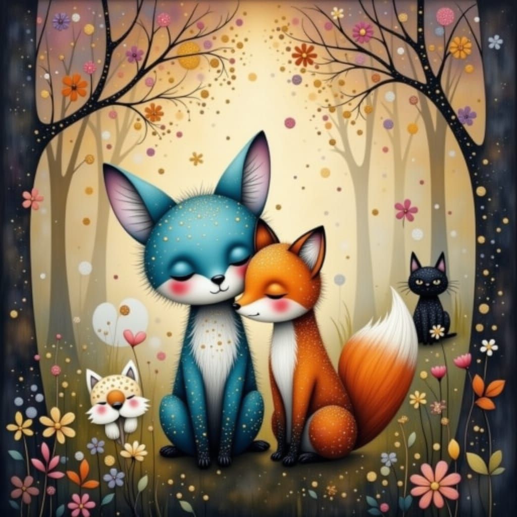 Whimsical Fox and Friends in Dreamlike Forest