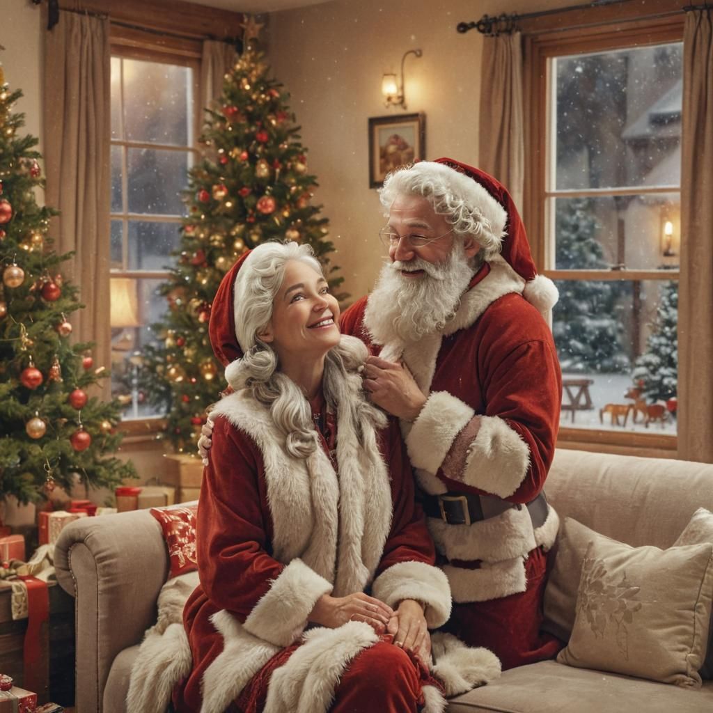 Whimsical Portrait of Young Santa and Mrs Claus in Snowy Chr...
