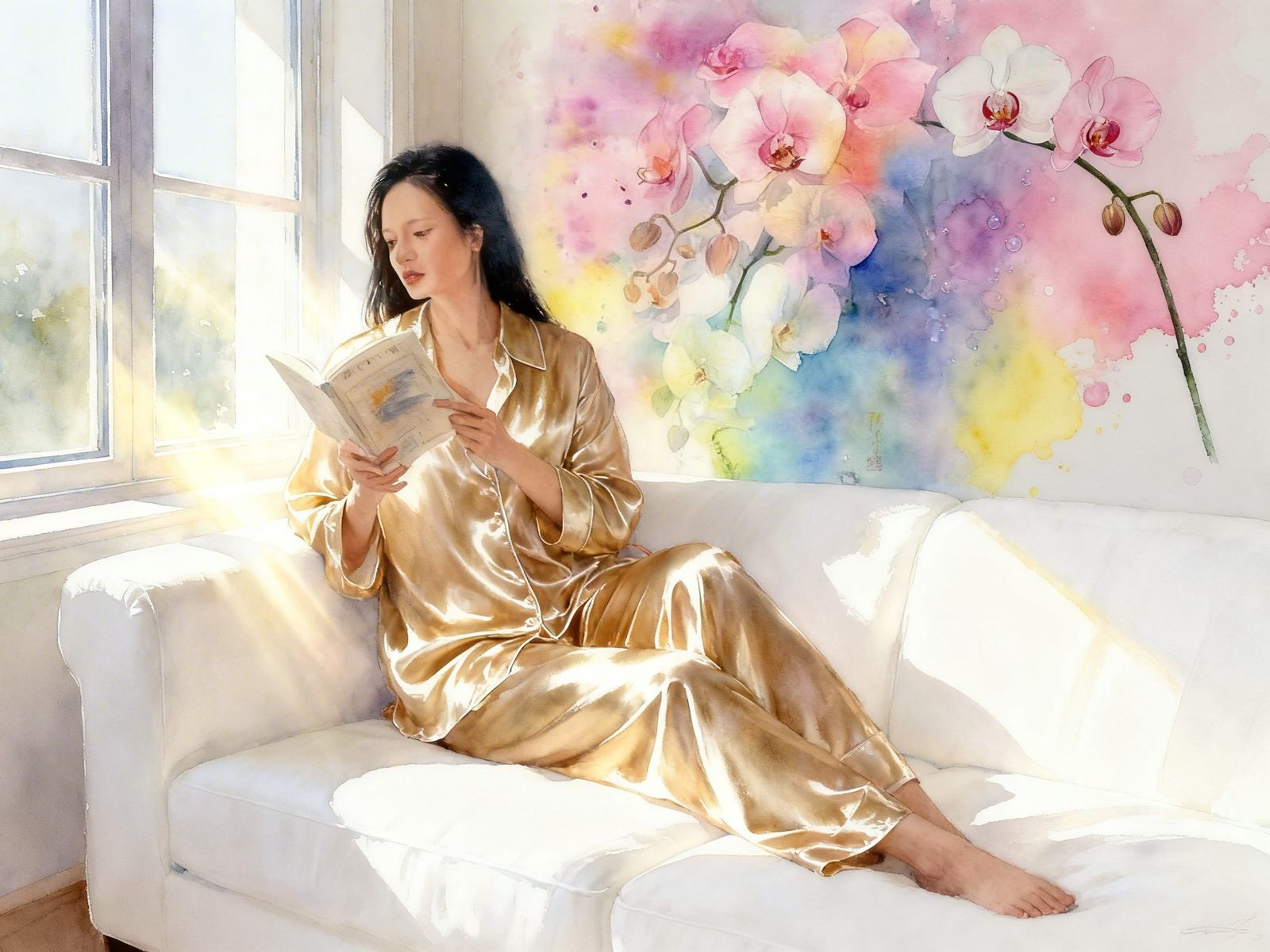 Woman Reading in Sunlit Room with Orchid Mural