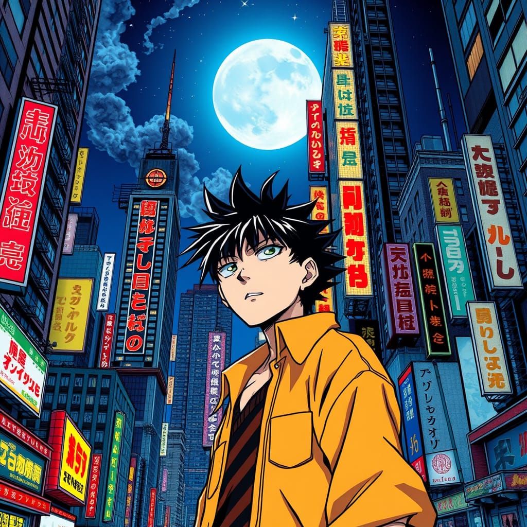 Manga Character in a Vibrant Cityscape