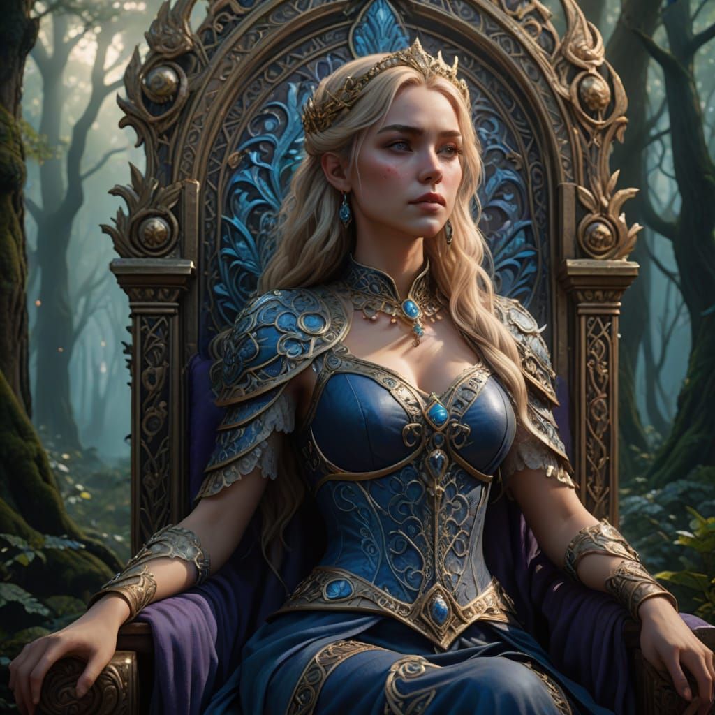 Fantastical Female Figure in Mystical Forest Throne Scene