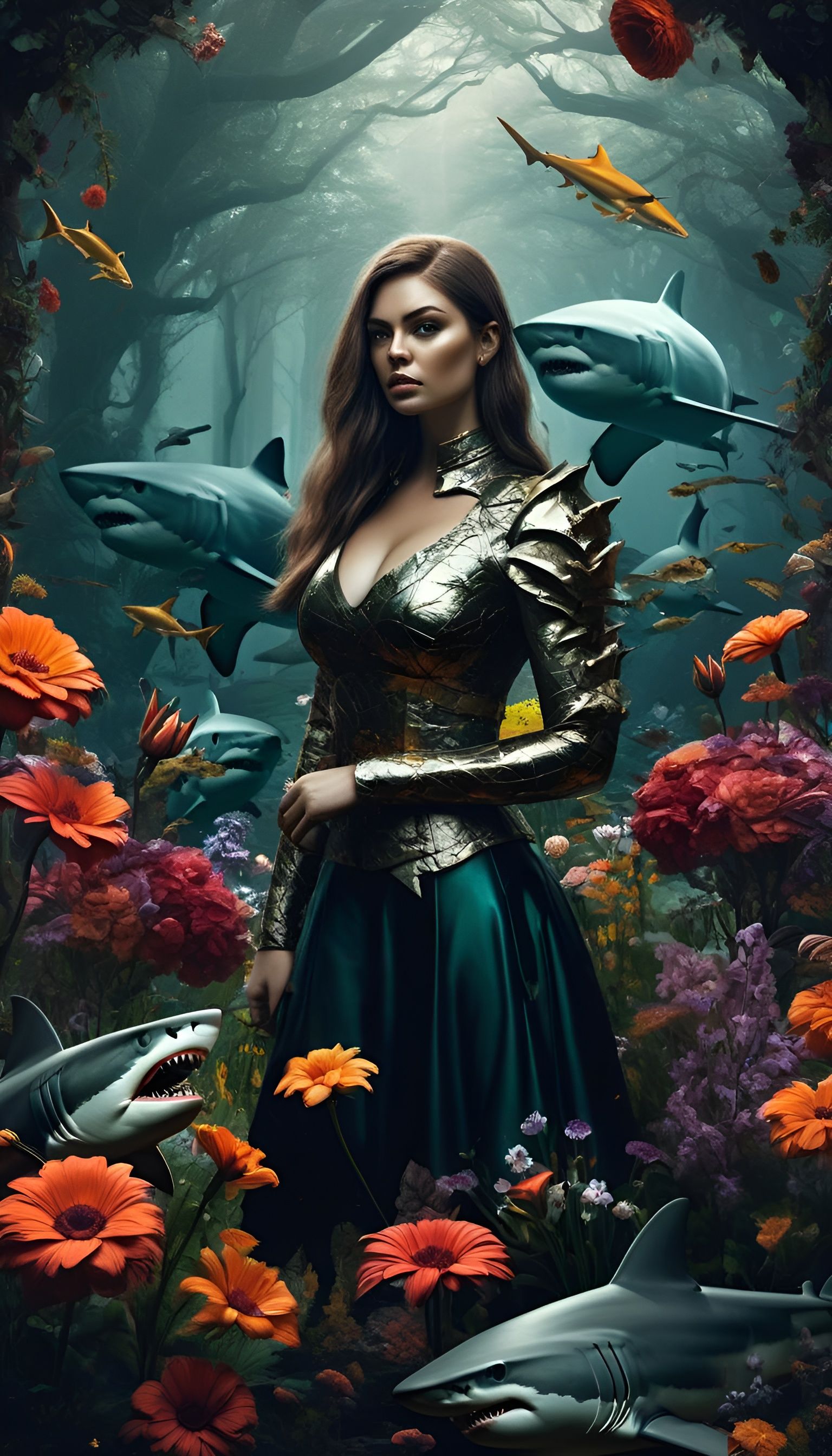 Surreal Woman Portrait with Metallic Flowers