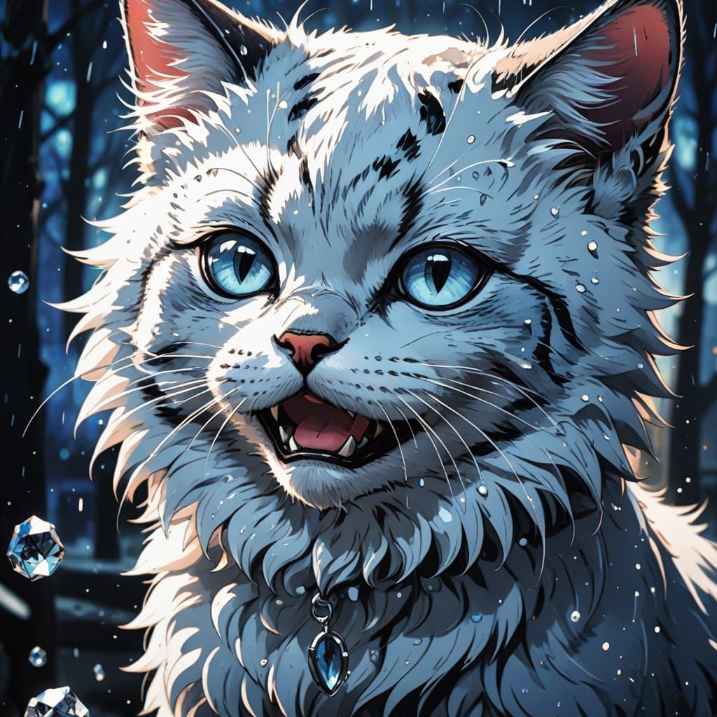 Anime Cat Crying Diamond Tears in Japanese Manga Style