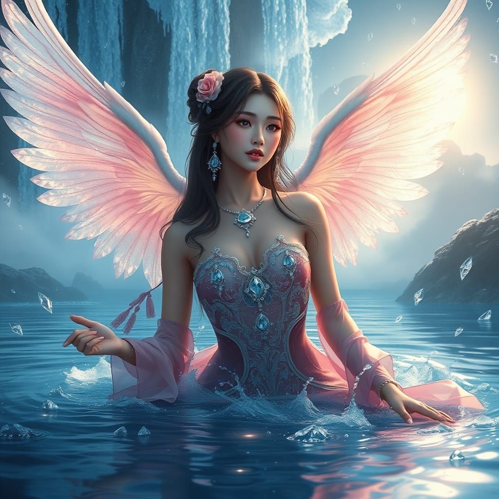 Kinnaree with Angel Wings in Diamond Rain