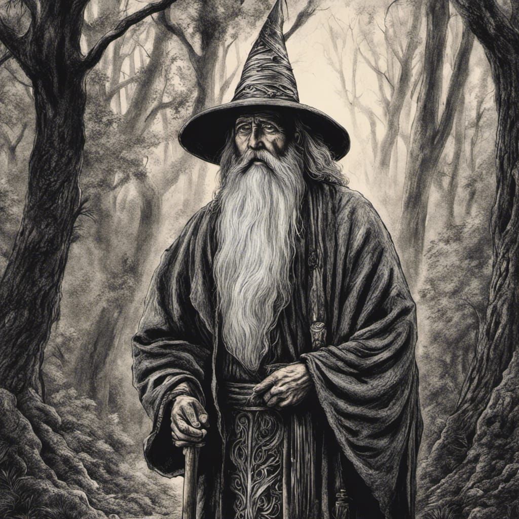 Hyperdetailed Charcoal Drawing of an Old Mage